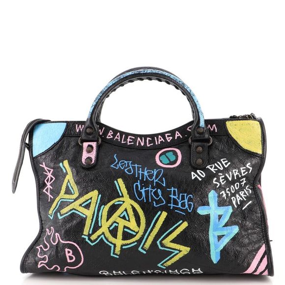 Balenciaga City Graffiti Classic Studs Bag Leather Medium Black, Print - Picture 4 of 7